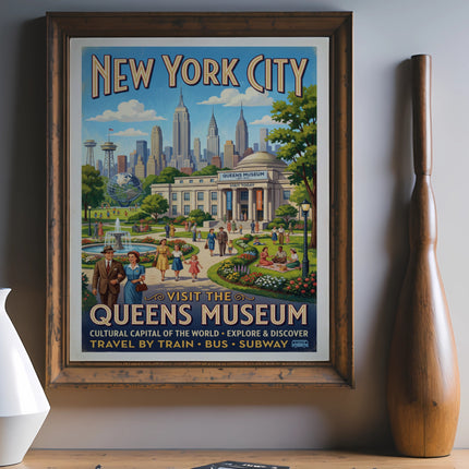 Vintage poster for New York City's Queens Museum with cityscape and people.