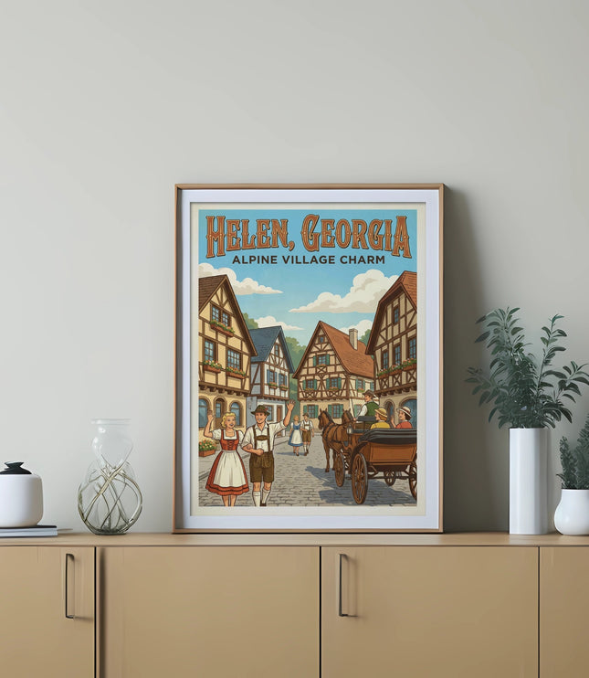 Poster: "HELEN, GEORGIA ALPINE VILLAGE CHARM" with people in Bavarian attire and a horse-drawn carriage.