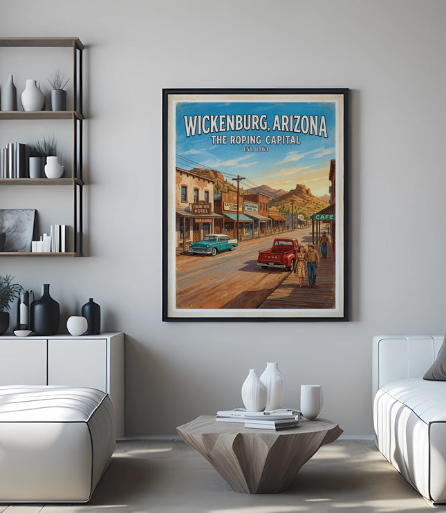 Wickenburg, Arizona "The Roping Capital" vintage travel poster with a street scene.