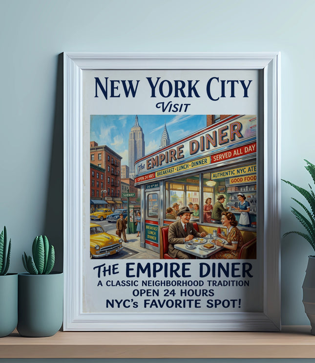 "New York City Visit" poster featuring the Empire Diner, city skyline, and classic cars.