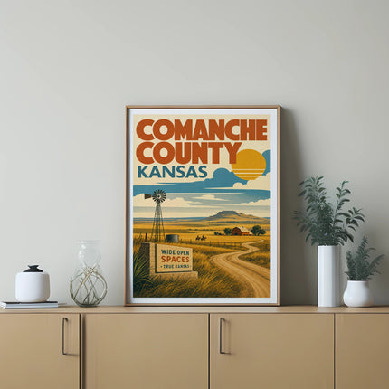 Comanche County, Kansas retro travel poster with windmill, fields, and sun.
