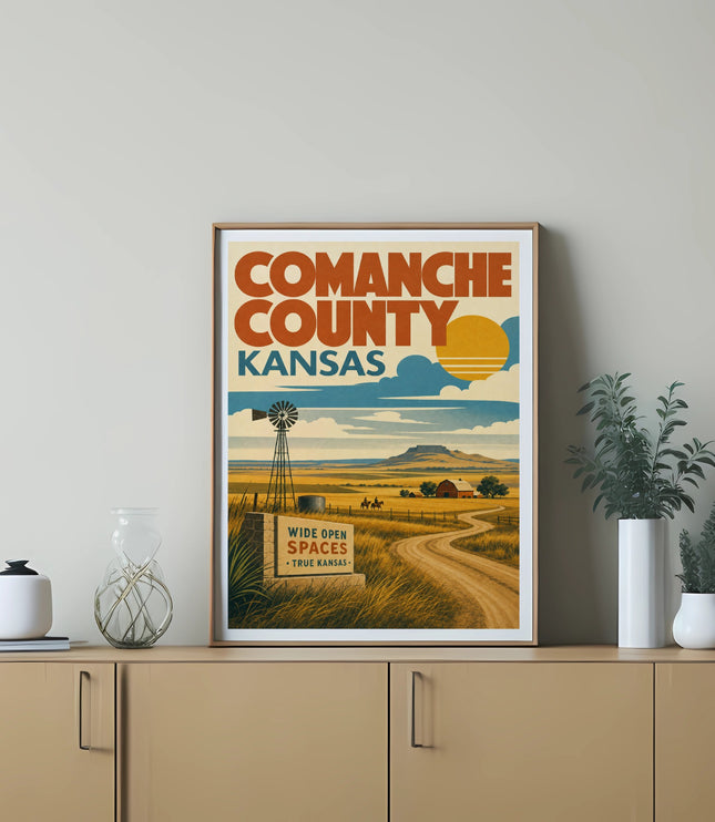 Comanche County, Kansas retro travel poster with windmill, fields, and sun.