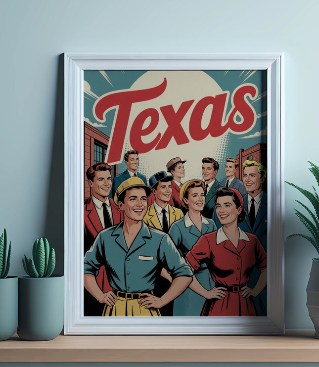 Retro style illustration with a group of smiling people and "Texas" text.