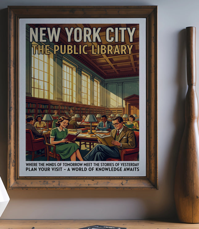 Poster of New York City Public Library interior with people reading.