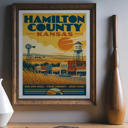 Vintage Hamilton County Kansas travel poster with town buildings, windmill, and water tower.