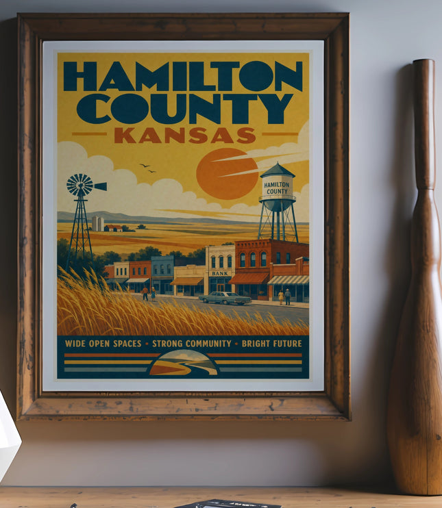 Vintage Hamilton County Kansas travel poster with town buildings, windmill, and water tower.