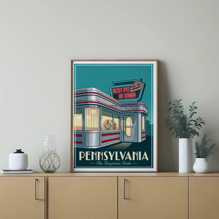Diner with "Best Pie in Town" sign, "Pennsylvania" text.