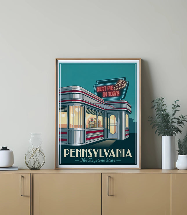 Diner with "Best Pie in Town" sign, "Pennsylvania" text.
