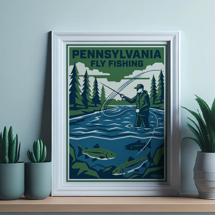 Pennsylvania fly fishing poster with angler and fish, dated 1930s.