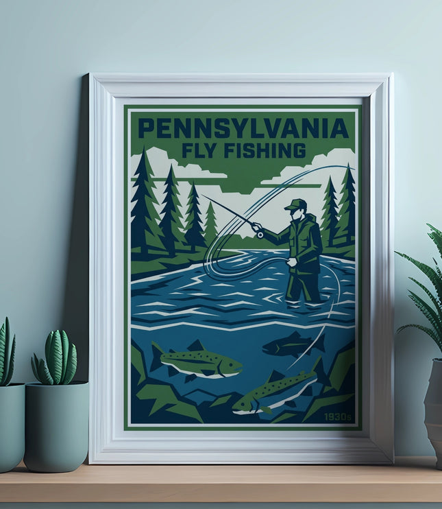Pennsylvania fly fishing poster with angler and fish, dated 1930s.