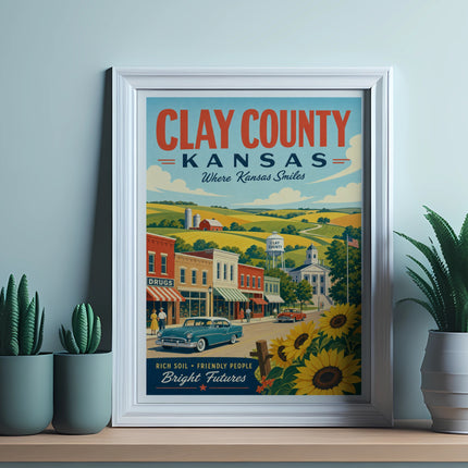 Clay County, Kansas vintage poster with "Where Kansas Smiles" and town scene.