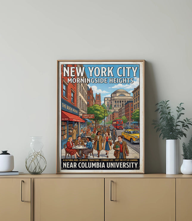 New York City Morningside Heights vintage travel poster near Columbia University.