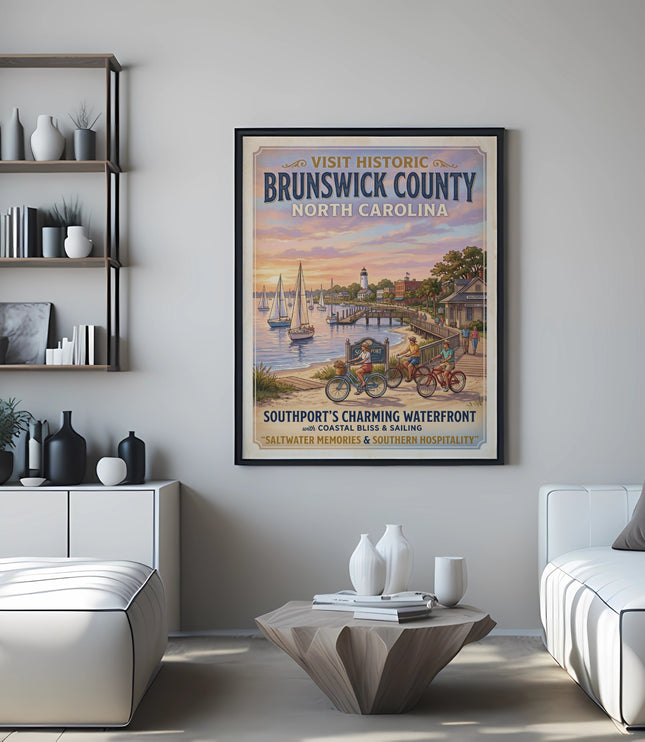 Poster of Southport's Waterfront with sailboats, lighthouse, and people biking.