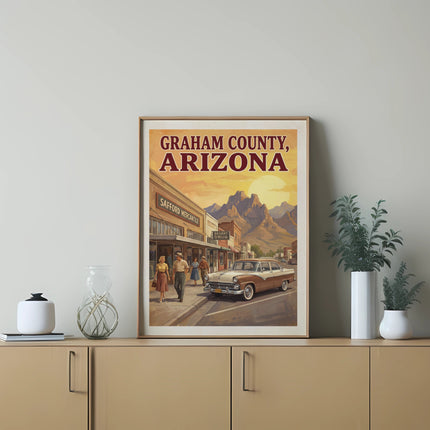 Vintage poster of Graham County, Arizona, featuring a classic car and storefronts.