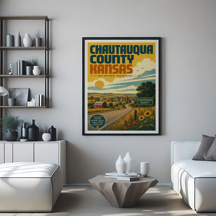 Chautauqua County Kansas vintage travel poster with rolling hills and a farmhouse.