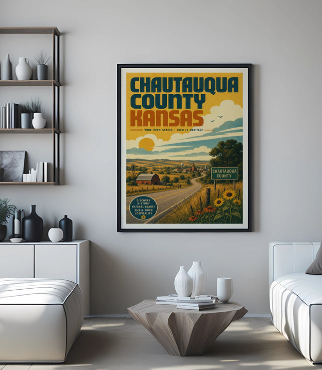 Chautauqua County Kansas vintage travel poster with rolling hills and a farmhouse.
