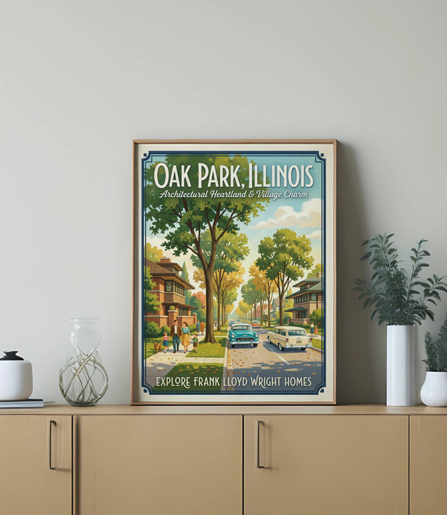 Oak Park, Illinois vintage poster with Frank Lloyd Wright homes.