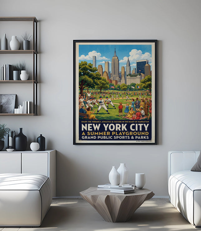 Vintage New York City poster depicting a baseball game in Central Park.