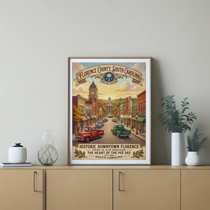Vintage poster of Historic Downtown Florence, South Carolina, featuring classic cars.