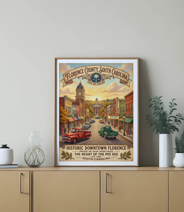 Vintage poster of Historic Downtown Florence, South Carolina, featuring classic cars.