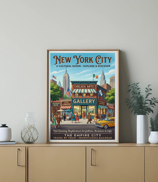 New York City travel poster: Empire City art, galleries, cafes, and railroad.
