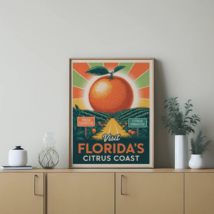 Vintage Florida citrus coast travel poster with orange and sun graphic.
