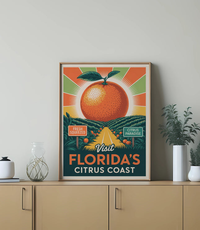 Vintage Florida citrus coast travel poster with orange and sun graphic.