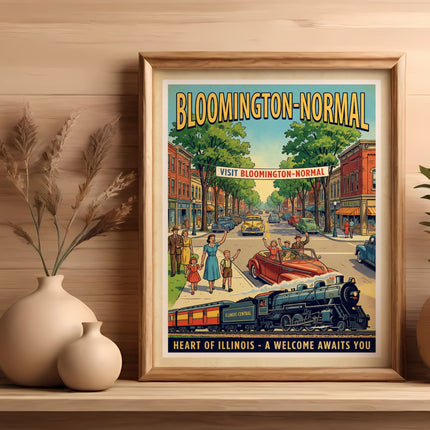 Vintage travel poster for Bloomington-Normal, Illinois featuring a train and people.