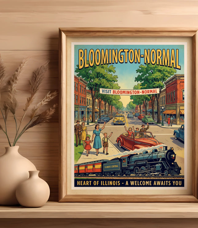 Vintage travel poster for Bloomington-Normal, Illinois featuring a train and people.