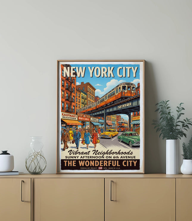 New York City vintage poster of 6th Avenue with elevated train and pedestrians.
