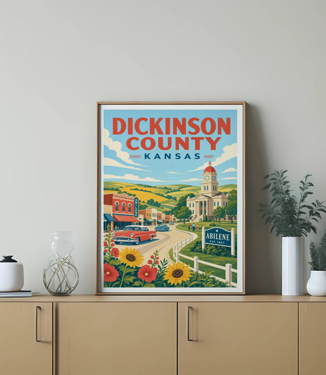 DICKINSON COUNTY KANSAS vintage travel poster with town scene and sunflowers.