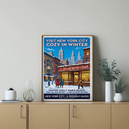 Vintage New York City poster advertising the Village Bistro & Cafe as a cozy winter refuge.