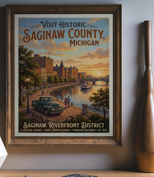 Saginaw County, Michigan vintage travel poster showing riverfront district with truck.