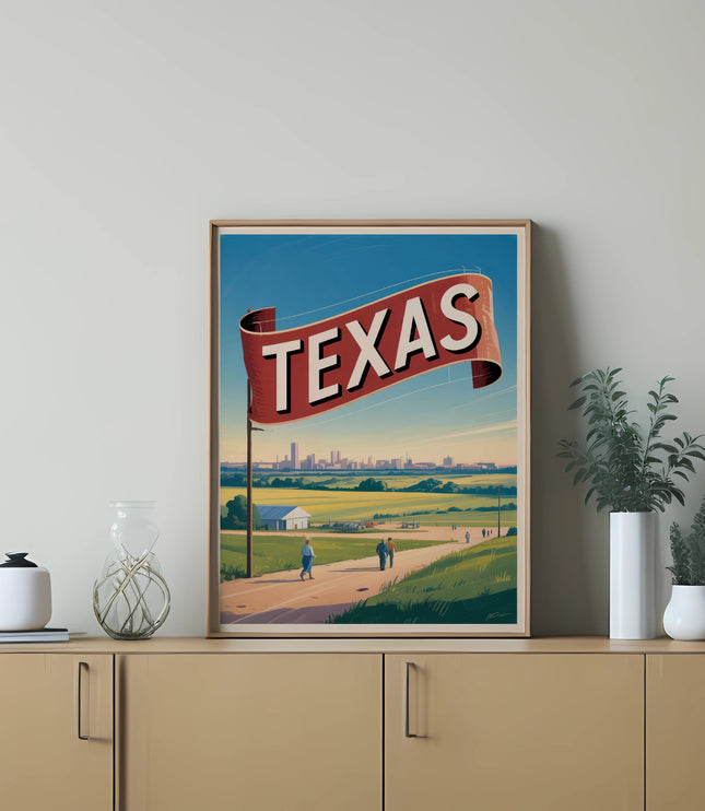 Framed Texas banner art with rural landscape and distant city skyline.