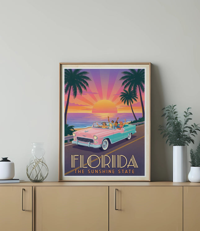 Florida Sunshine State travel poster with people in a vintage car at sunset.