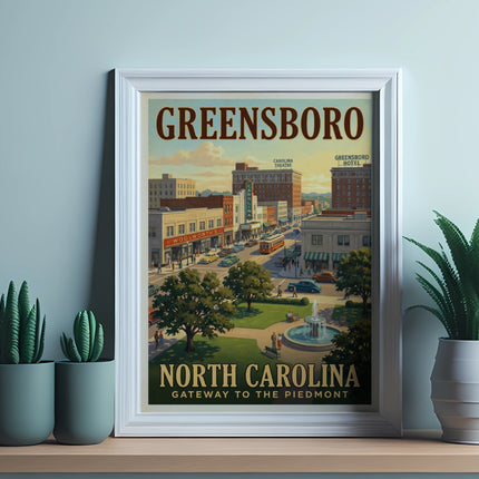 Greensboro North Carolina vintage travel poster showing downtown and a park.