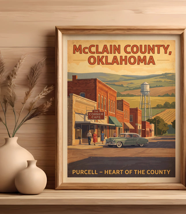 Vintage poster of McClain County, Oklahoma, featuring Purcell and Corner Cafe.
