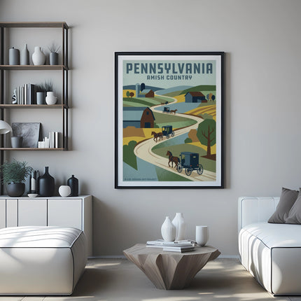 Pennsylvania Amish Country poster with horse-drawn carriages and rural landscape.