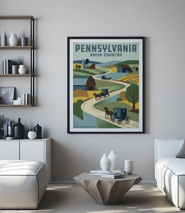 Pennsylvania Amish Country poster with horse-drawn carriages and rural landscape.