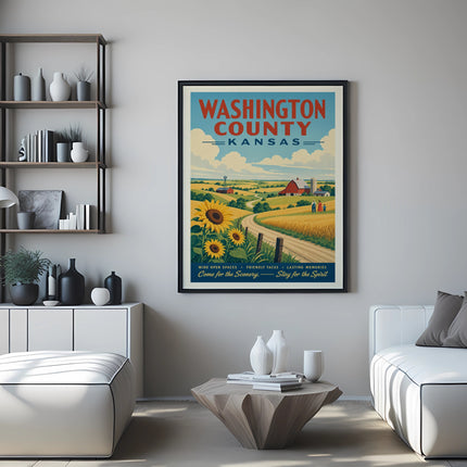 Washington County, Kansas poster with farm, sunflowers, and text.