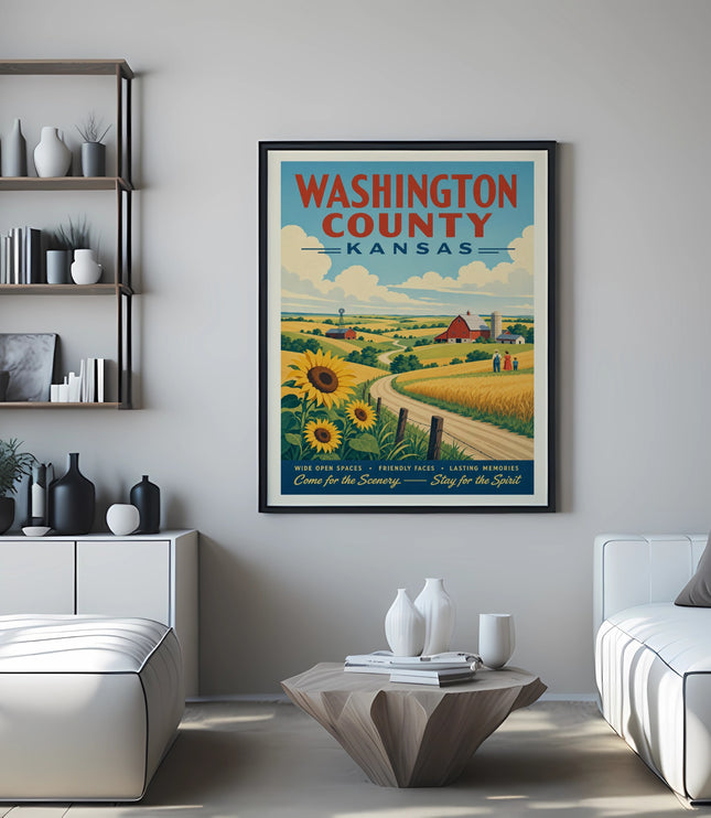 Washington County, Kansas poster with farm, sunflowers, and text.