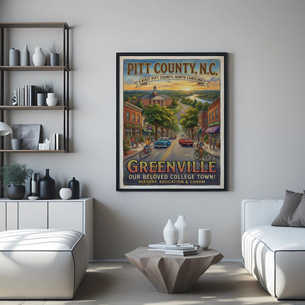 Poster of Greenville, Pitt County, NC, depicting downtown with buildings and people.