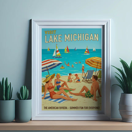 Vintage travel poster for Lake Michigan with people enjoying a beach scene.