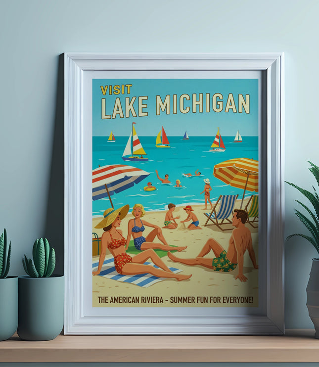 Vintage travel poster for Lake Michigan with people enjoying a beach scene.