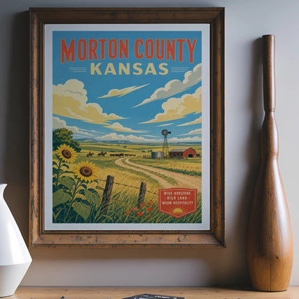 Vintage Morton County, Kansas poster with sunflowers, windmill, and rolling hills.