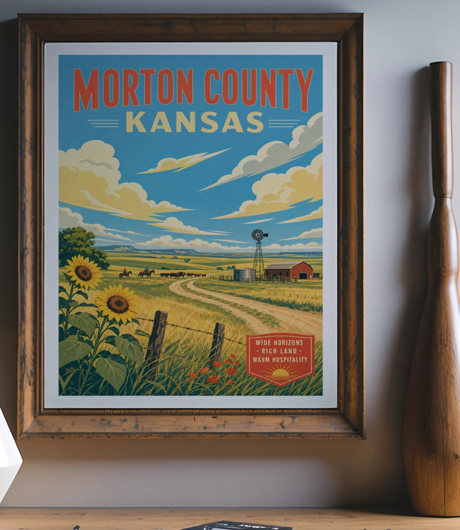 Vintage Morton County, Kansas poster with sunflowers, windmill, and rolling hills.