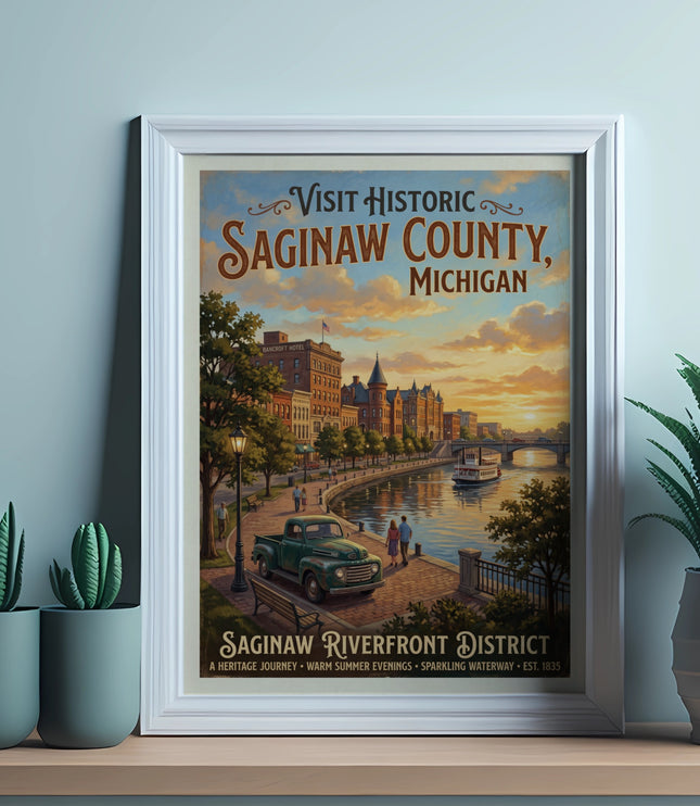 Poster for Saginaw Riverfront District in Michigan with classic car, boat, and historic buildings.