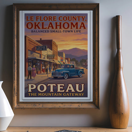 Le Flore County, Oklahoma poster with vintage truck and Poteau text.