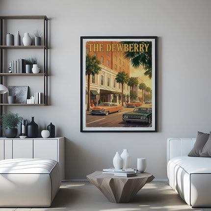 Poster of vintage cars and buildings with text "THE DEWBERRY" on a wall.