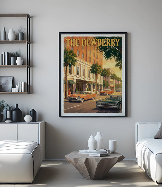 Poster of vintage cars and buildings with text "THE DEWBERRY" on a wall.